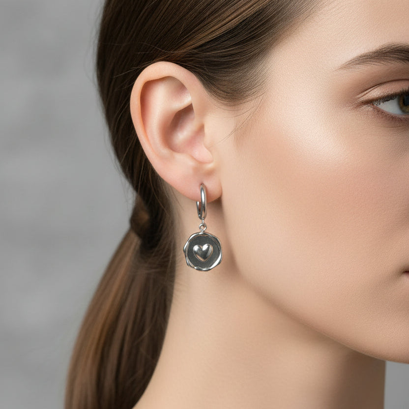 Oorringen met hanger zegel hart BY SANNE zilver model