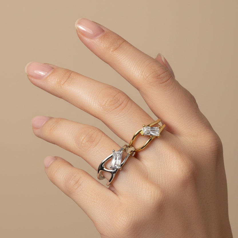 RVS ring abstract zirconia verstelbaar zilver en goud BY SANNE
